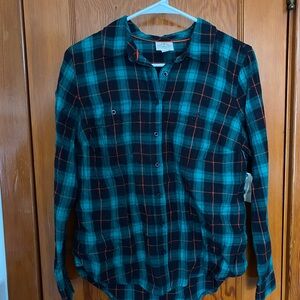 St. John's Bay Teal and Black Plaid Button Down Shirt